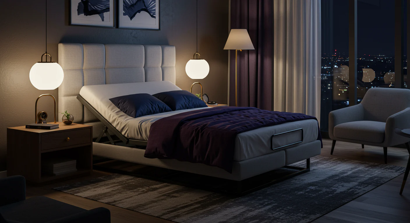 Sistema de descanso Lunela con cama eléctrica ajustable y colchón premium en recámara moderna